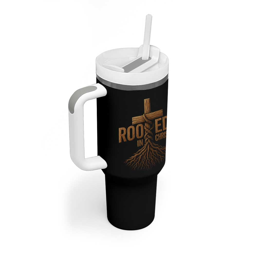 Rooted In Christ Tumbler With Handle Vintage Jesus Christian Cross Bible Verse - Wonder Print Shop