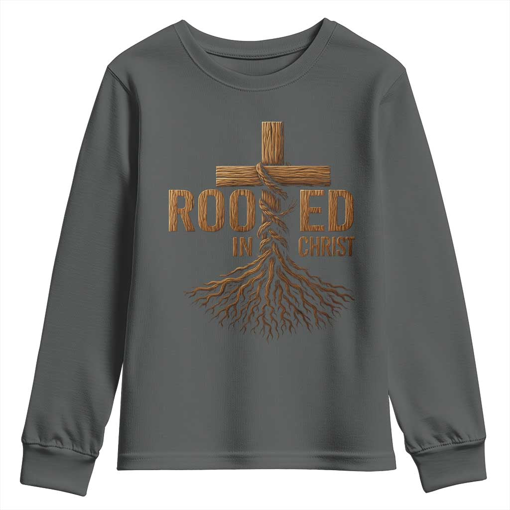 Rooted In Christ Youth Sweatshirt Vintage Jesus Christian Cross Bible Verse - Wonder Print Shop