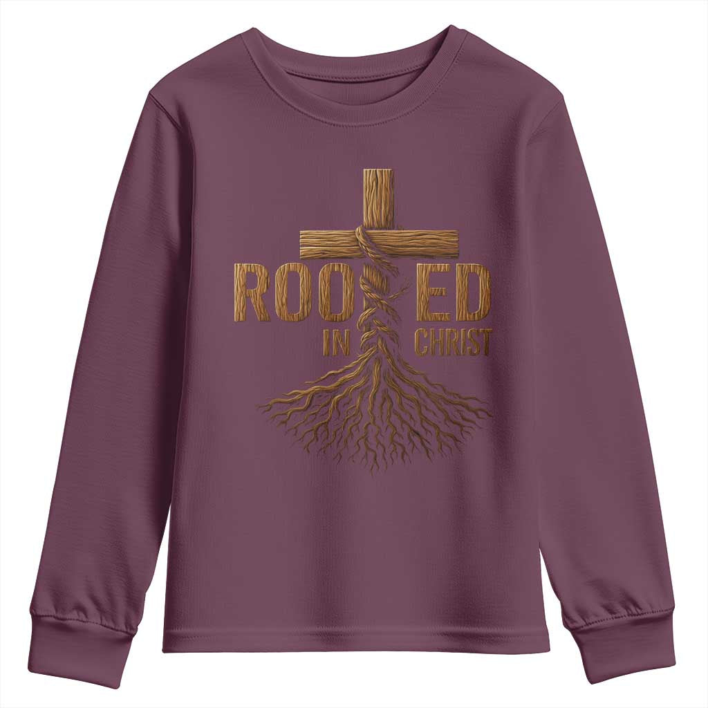 Rooted In Christ Youth Sweatshirt Vintage Jesus Christian Cross Bible Verse - Wonder Print Shop