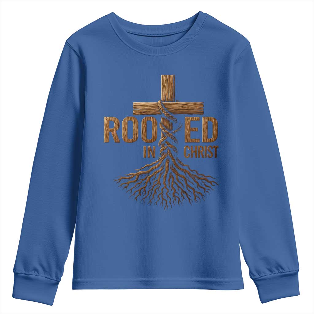 Rooted In Christ Youth Sweatshirt Vintage Jesus Christian Cross Bible Verse - Wonder Print Shop