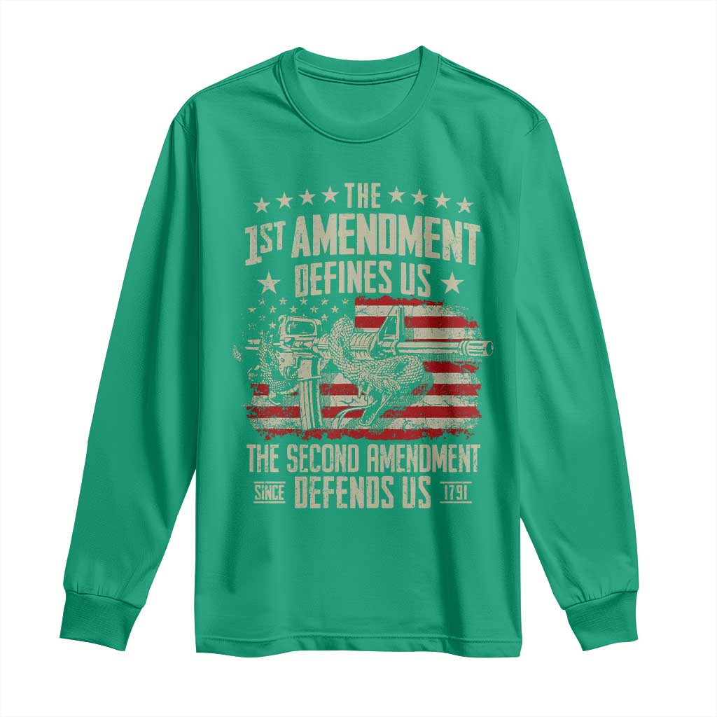 The 1st Amendment Defines Us The Second Defends Us Since 1791 Long Sleeve Shirt Vintage American Flag - Wonder Print Shop