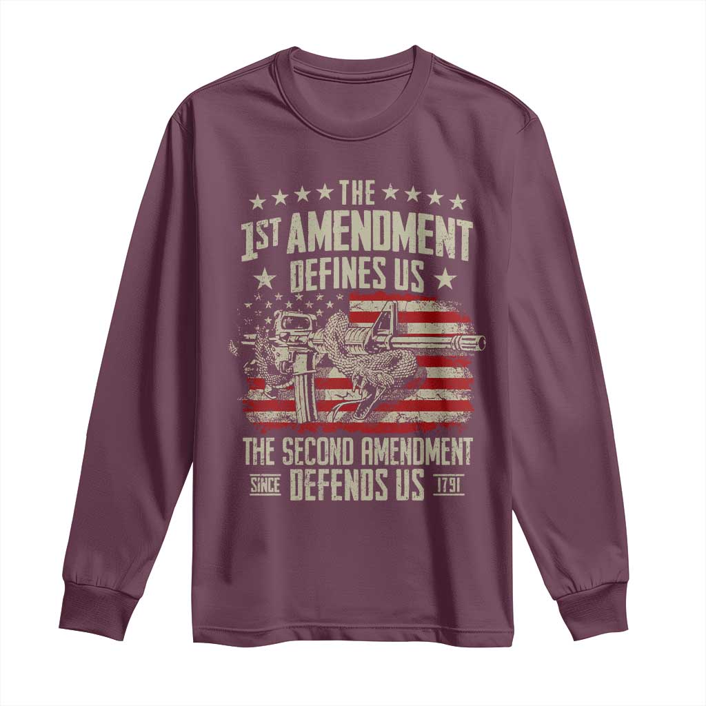 The 1st Amendment Defines Us The Second Defends Us Since 1791 Long Sleeve Shirt Vintage American Flag - Wonder Print Shop