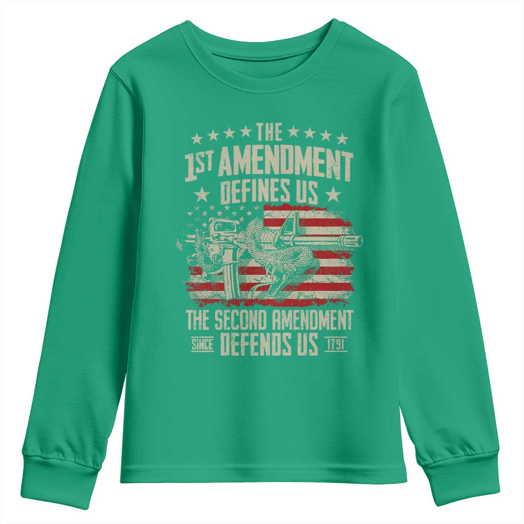 The 1st Amendment Defines Us The Second Defends Us Since 1791 Youth Sweatshirt Vintage American Flag - Wonder Print Shop