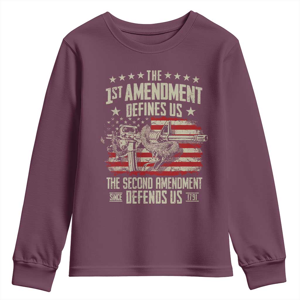 The 1st Amendment Defines Us The Second Defends Us Since 1791 Youth Sweatshirt Vintage American Flag - Wonder Print Shop