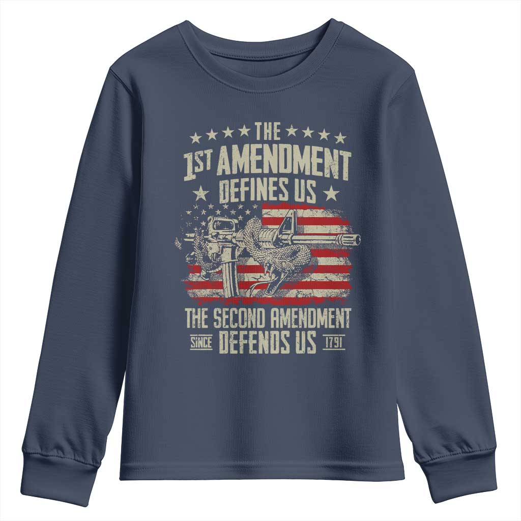 The 1st Amendment Defines Us The Second Defends Us Since 1791 Youth Sweatshirt Vintage American Flag - Wonder Print Shop