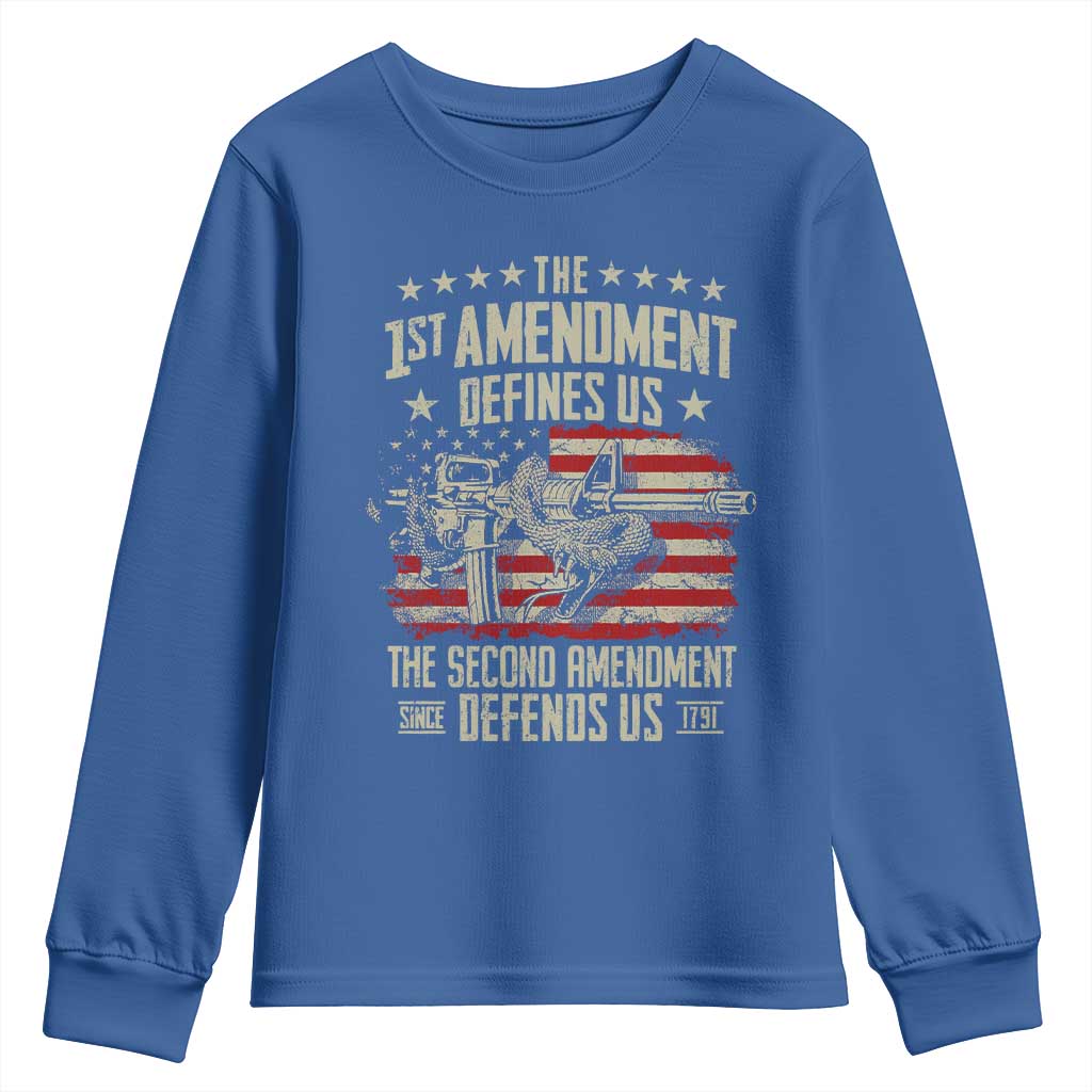 The 1st Amendment Defines Us The Second Defends Us Since 1791 Youth Sweatshirt Vintage American Flag - Wonder Print Shop