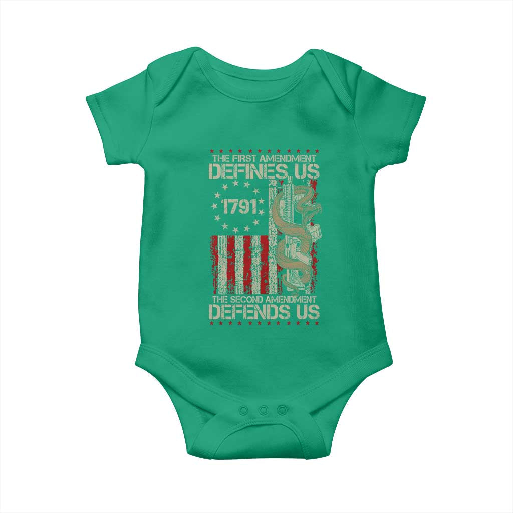 The First Amendment Defines Us The Second Defend Us Baby Onesie Vintage American Flag - Wonder Print Shop