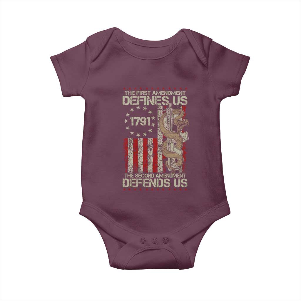 The First Amendment Defines Us The Second Defend Us Baby Onesie Vintage American Flag - Wonder Print Shop
