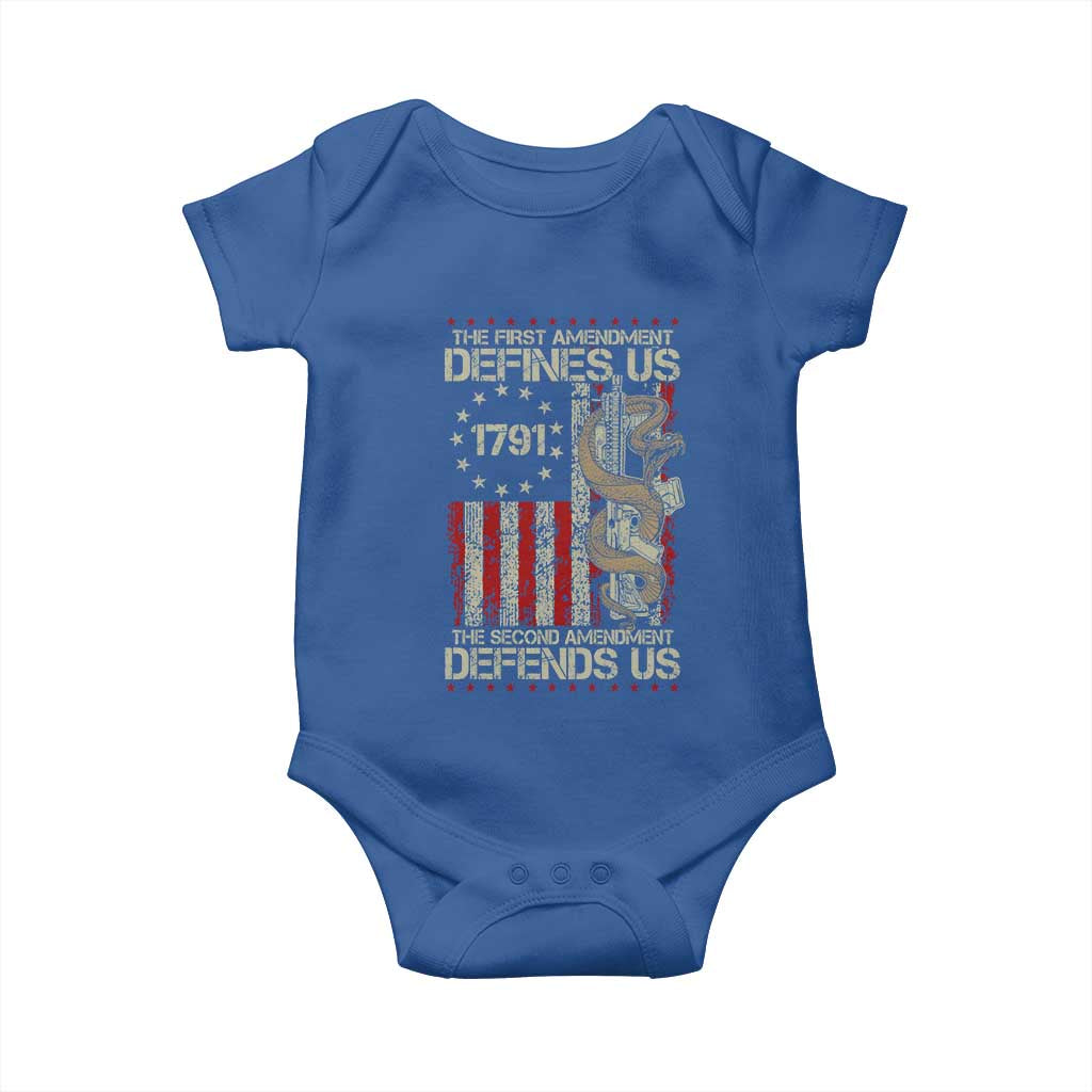The First Amendment Defines Us The Second Defend Us Baby Onesie Vintage American Flag - Wonder Print Shop