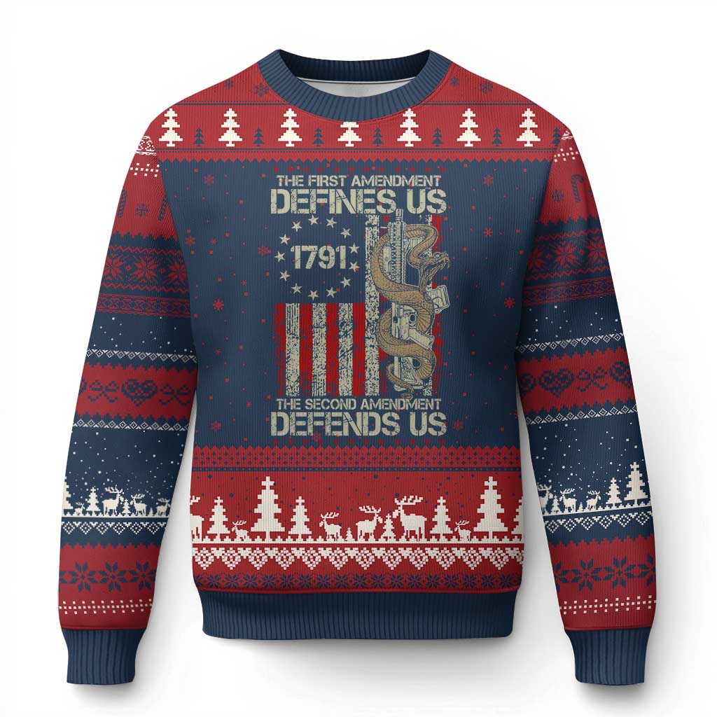 The First Amendment Defines Us The Second Defend Us Ugly Christmas Sweater Vintage American Flag - Wonder Print Shop