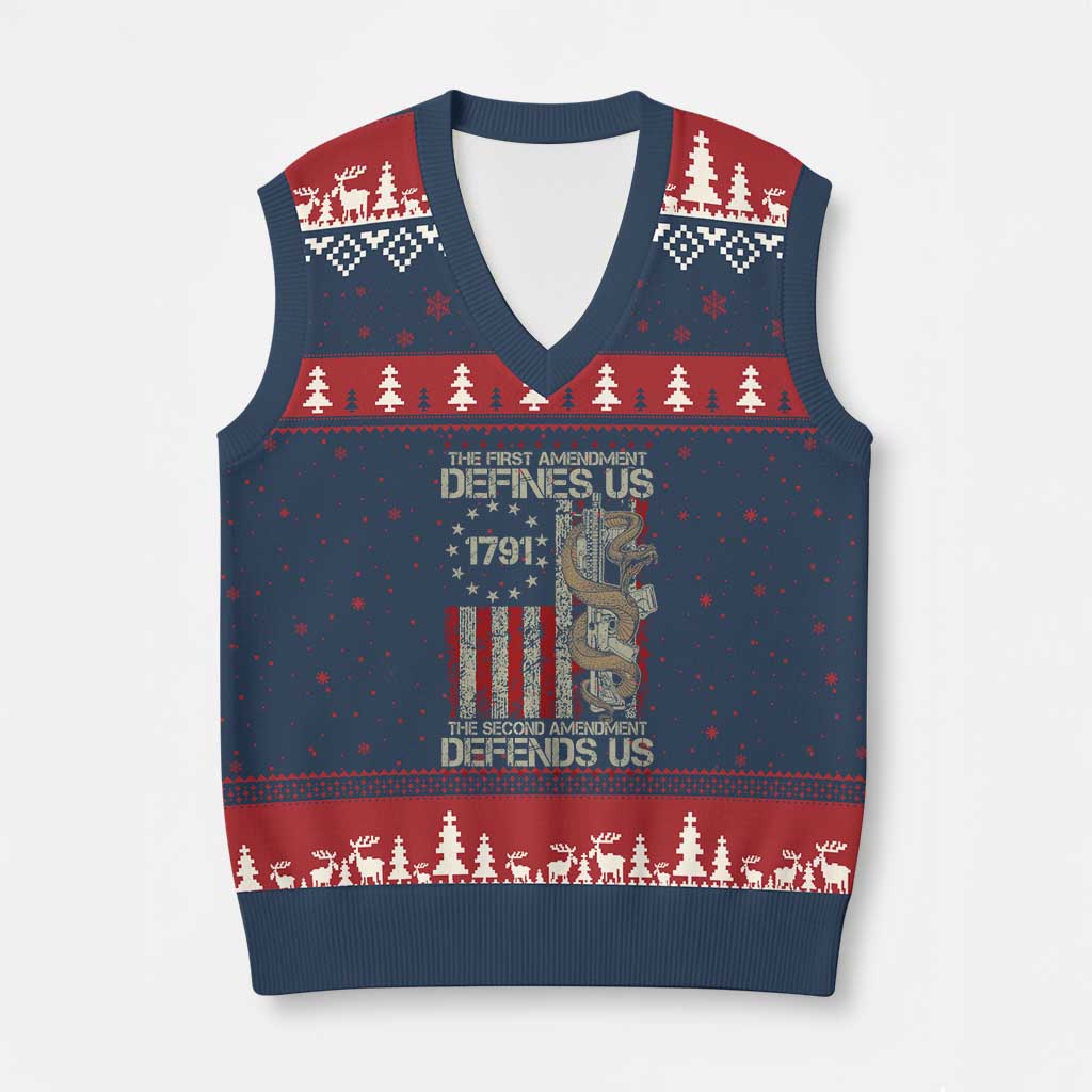 The First Amendment Defines Us The Second Defend Us V-Neck Knit Sweater Vest Vintage American Flag - Wonder Print Shop