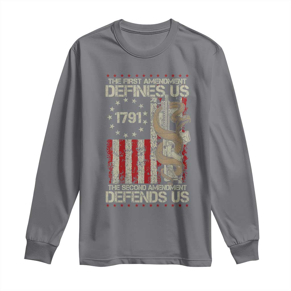 The First Amendment Defines Us The Second Defend Us Long Sleeve Shirt Vintage American Flag - Wonder Print Shop
