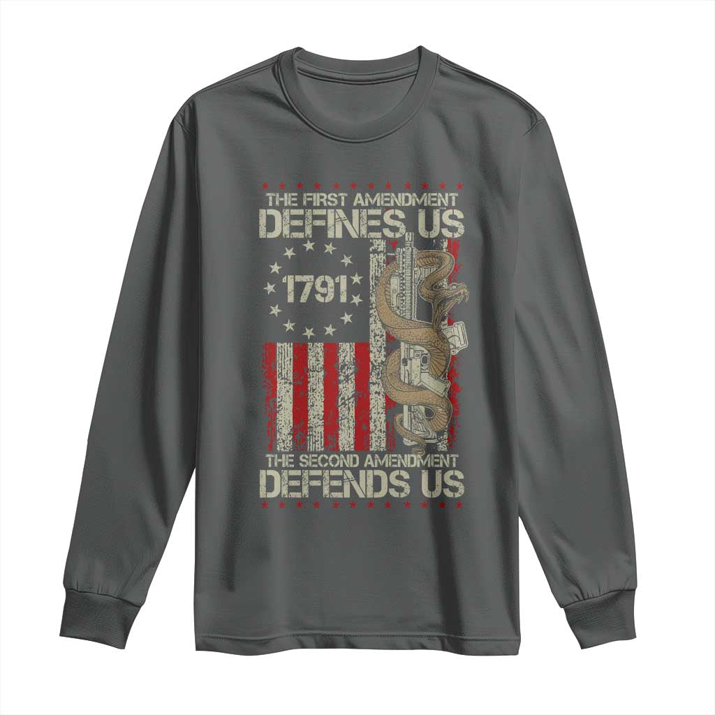 The First Amendment Defines Us The Second Defend Us Long Sleeve Shirt Vintage American Flag - Wonder Print Shop