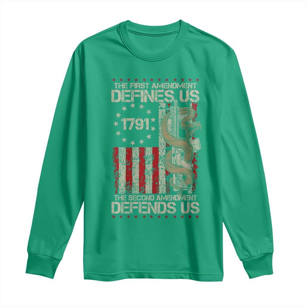 The First Amendment Defines Us The Second Defend Us Long Sleeve Shirt Vintage American Flag - Wonder Print Shop