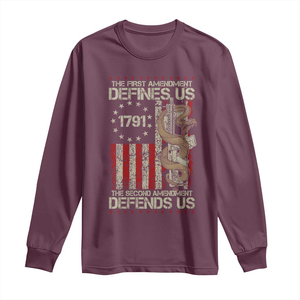 The First Amendment Defines Us The Second Defend Us Long Sleeve Shirt Vintage American Flag - Wonder Print Shop