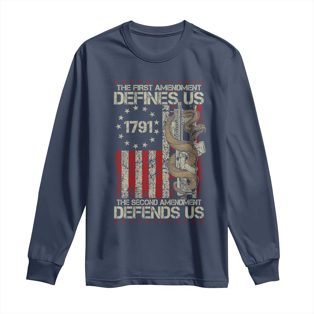 The First Amendment Defines Us The Second Defend Us Long Sleeve Shirt Vintage American Flag - Wonder Print Shop