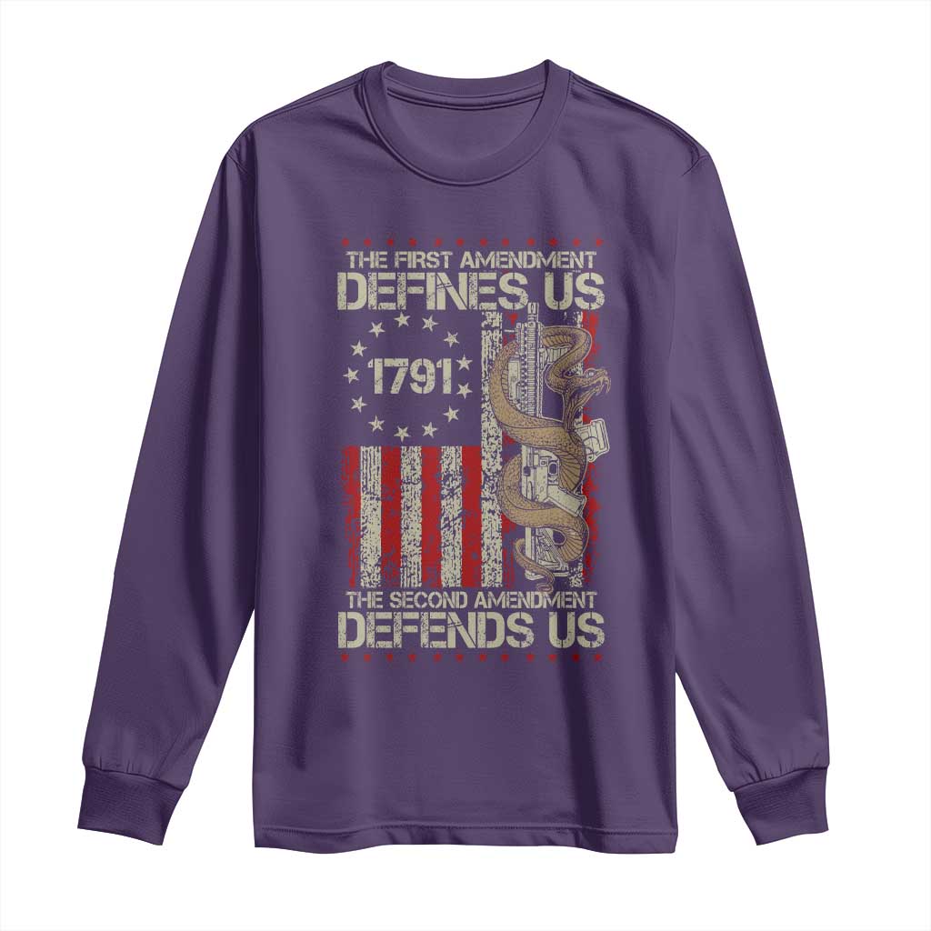 The First Amendment Defines Us The Second Defend Us Long Sleeve Shirt Vintage American Flag - Wonder Print Shop