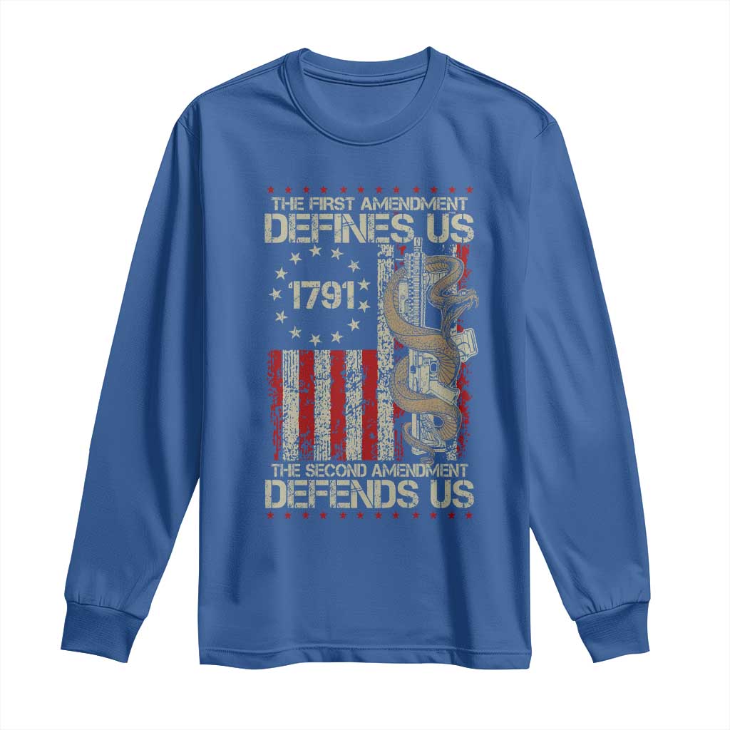 The First Amendment Defines Us The Second Defend Us Long Sleeve Shirt Vintage American Flag - Wonder Print Shop