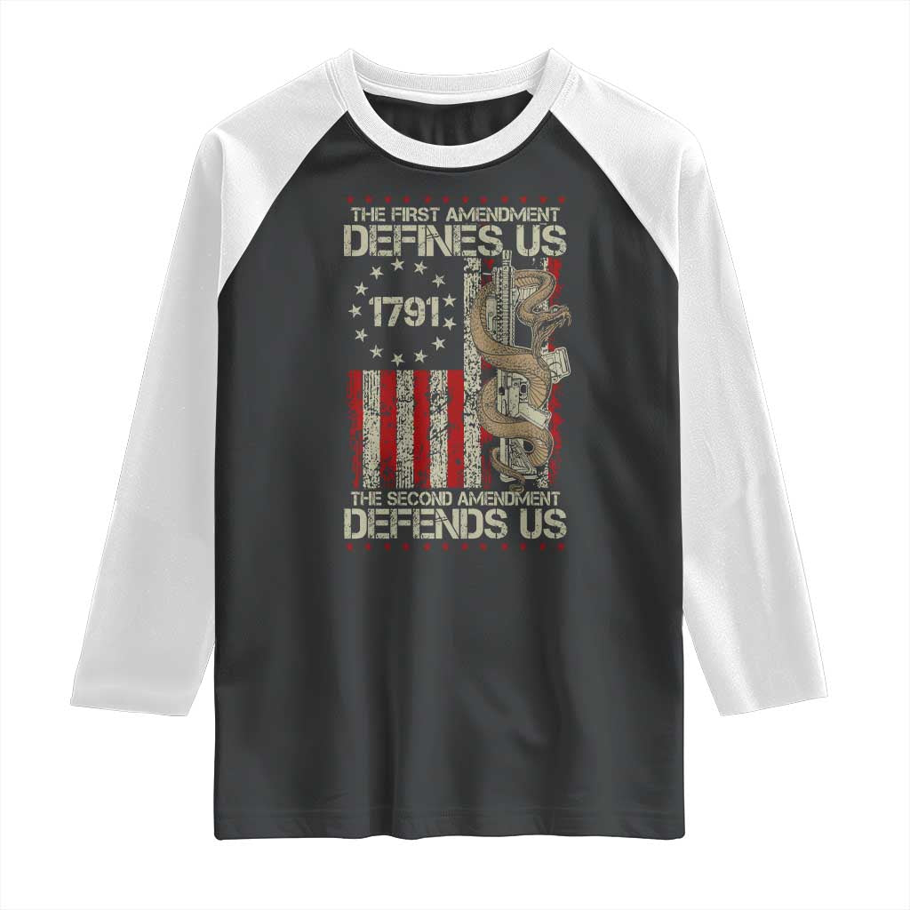 The First Amendment Defines Us The Second Defend Us Raglan Shirt Vintage American Flag - Wonder Print Shop