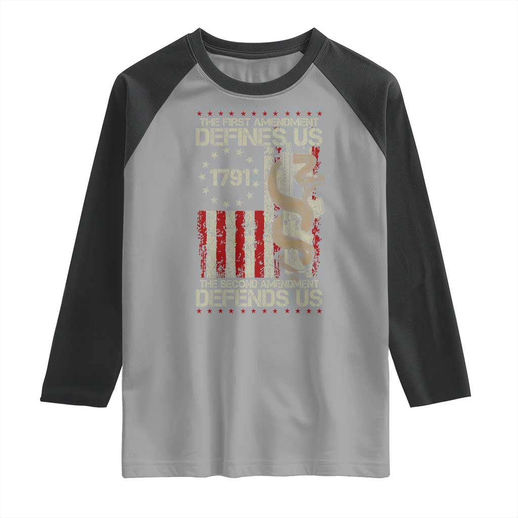 The First Amendment Defines Us The Second Defend Us Raglan Shirt Vintage American Flag - Wonder Print Shop
