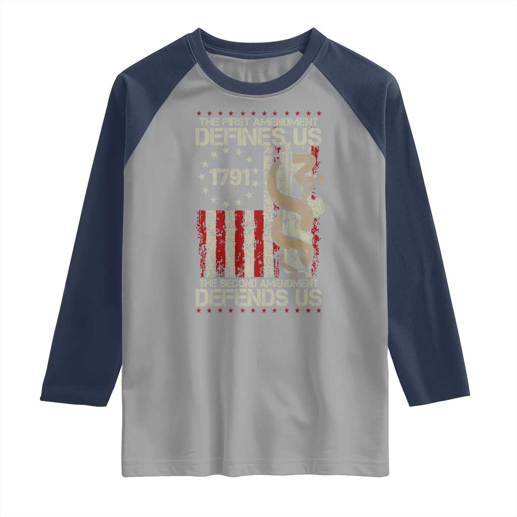 The First Amendment Defines Us The Second Defend Us Raglan Shirt Vintage American Flag - Wonder Print Shop