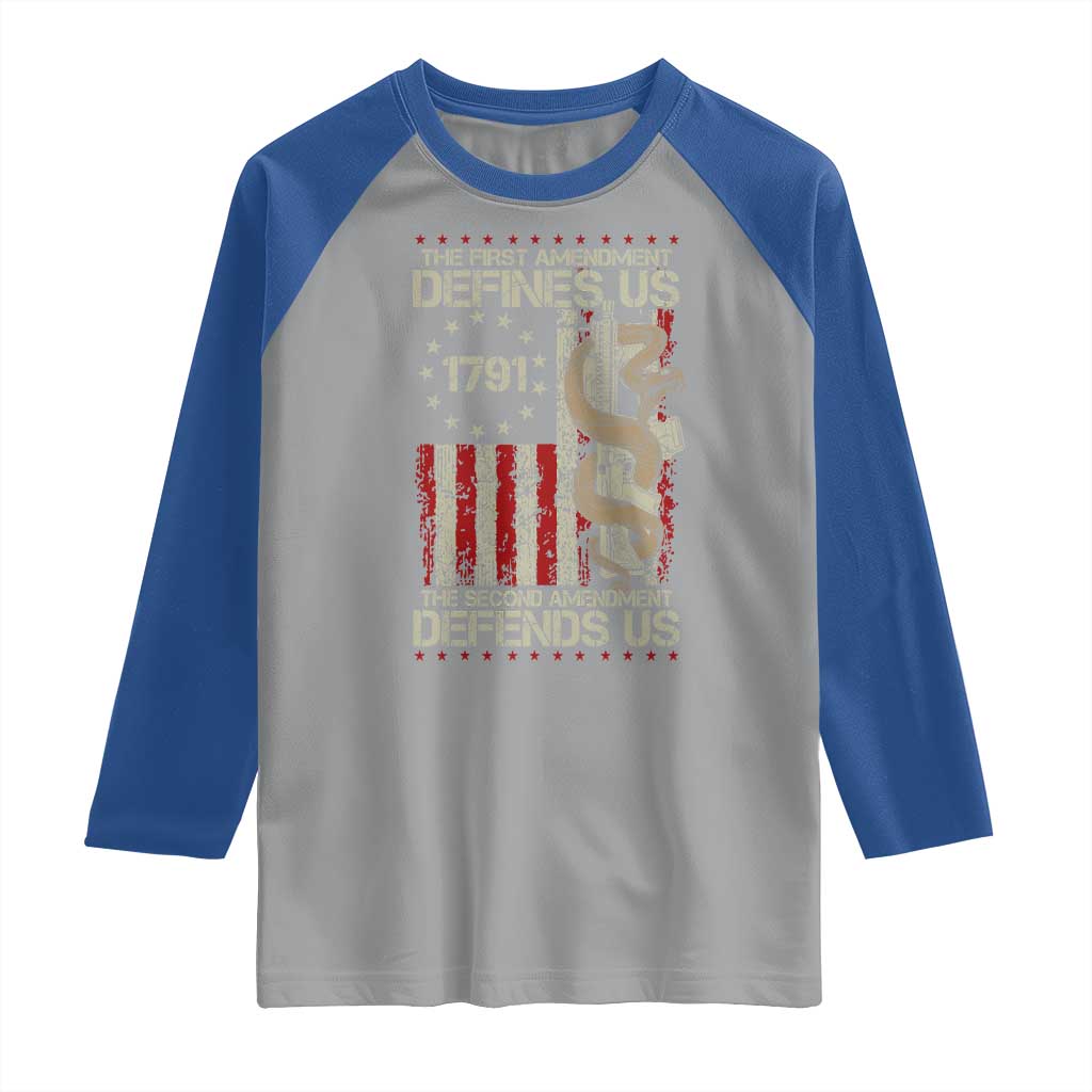 The First Amendment Defines Us The Second Defend Us Raglan Shirt Vintage American Flag - Wonder Print Shop