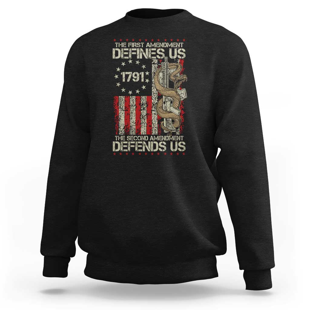 The First Amendment Defines Us The Second Defend Us Sweatshirt Vintage American Flag - Wonder Print Shop