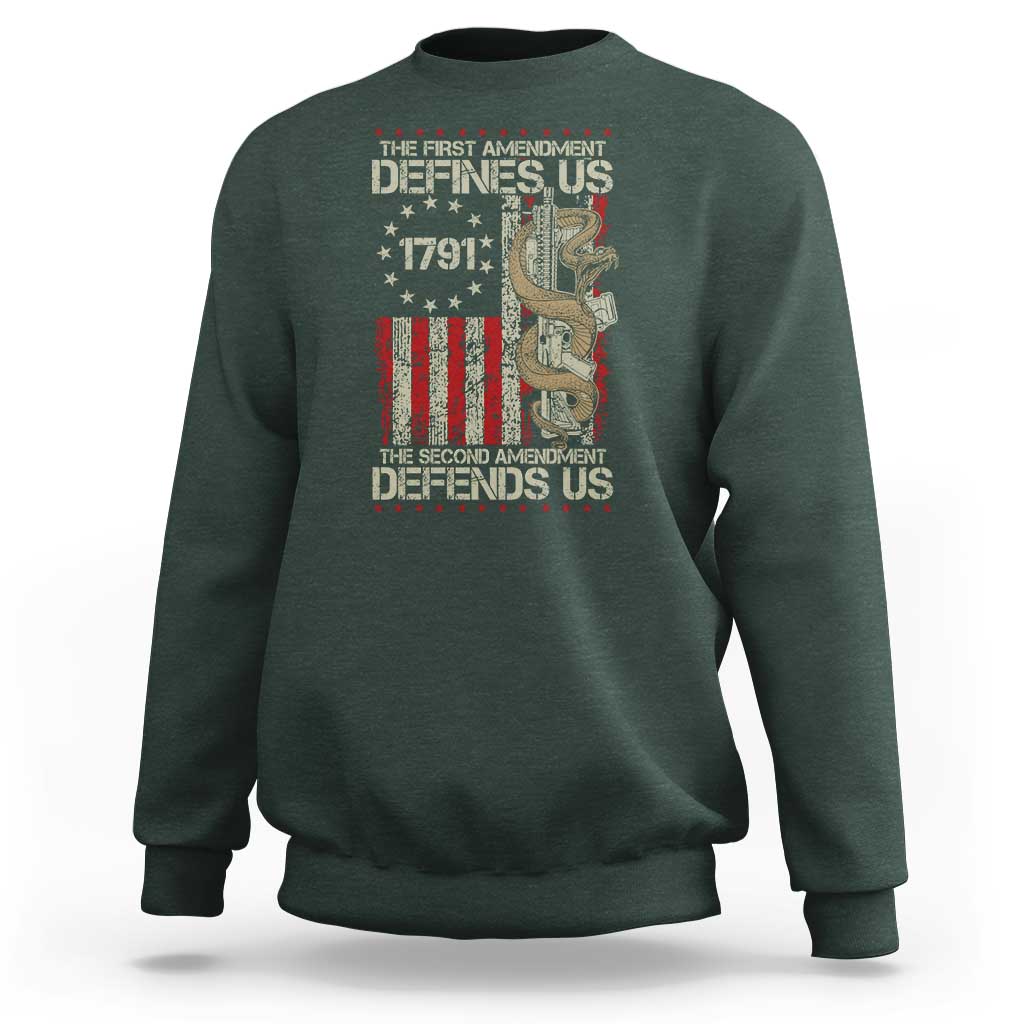 The First Amendment Defines Us The Second Defend Us Sweatshirt Vintage American Flag - Wonder Print Shop
