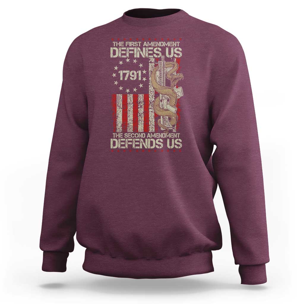 The First Amendment Defines Us The Second Defend Us Sweatshirt Vintage American Flag - Wonder Print Shop
