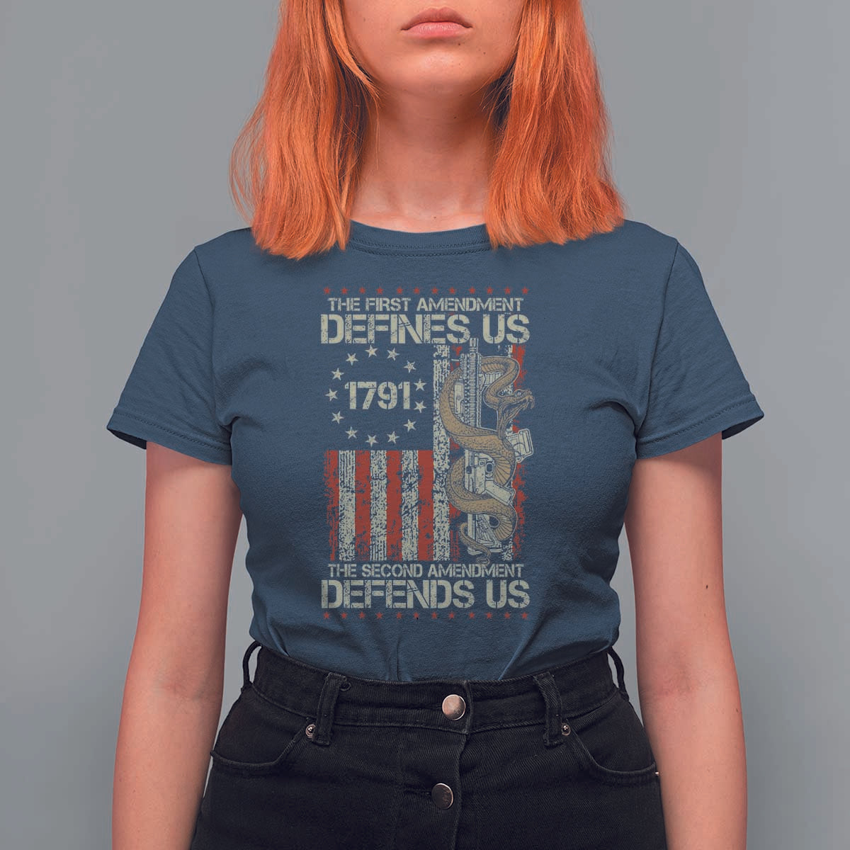 The First Amendment Defines Us The Second Defend Us T Shirt For Women Vintage American Flag - Wonder Print Shop