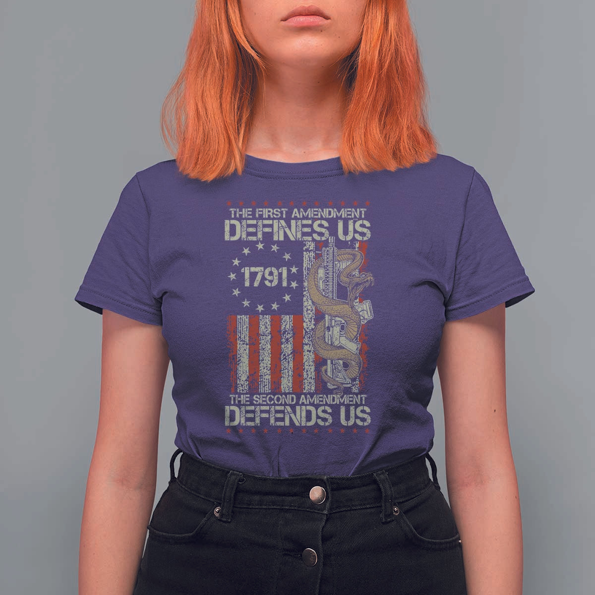 The First Amendment Defines Us The Second Defend Us T Shirt For Women Vintage American Flag - Wonder Print Shop