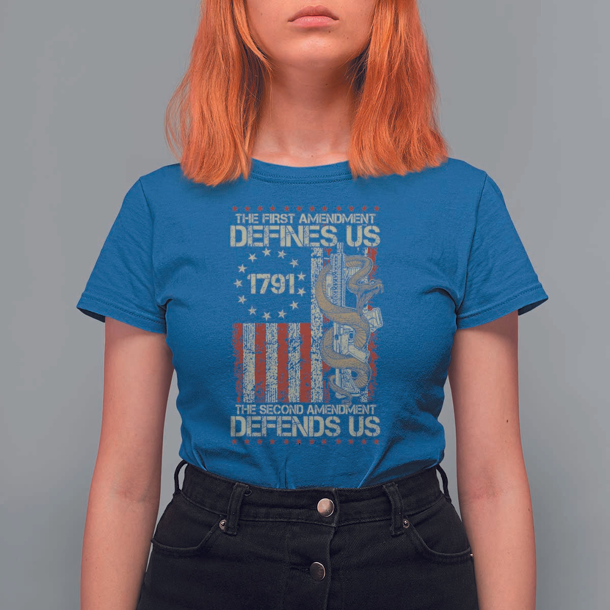 The First Amendment Defines Us The Second Defend Us T Shirt For Women Vintage American Flag - Wonder Print Shop