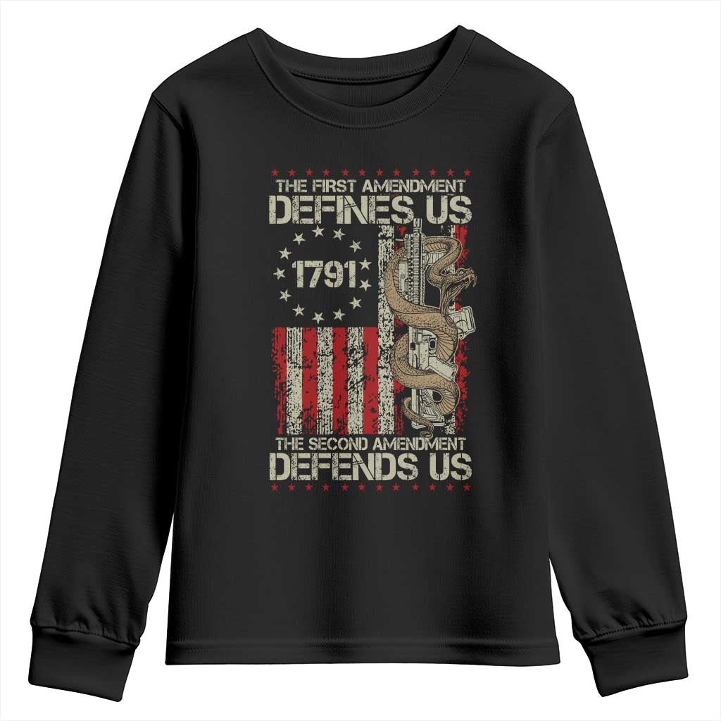 The First Amendment Defines Us The Second Defend Us Youth Sweatshirt Vintage American Flag - Wonder Print Shop