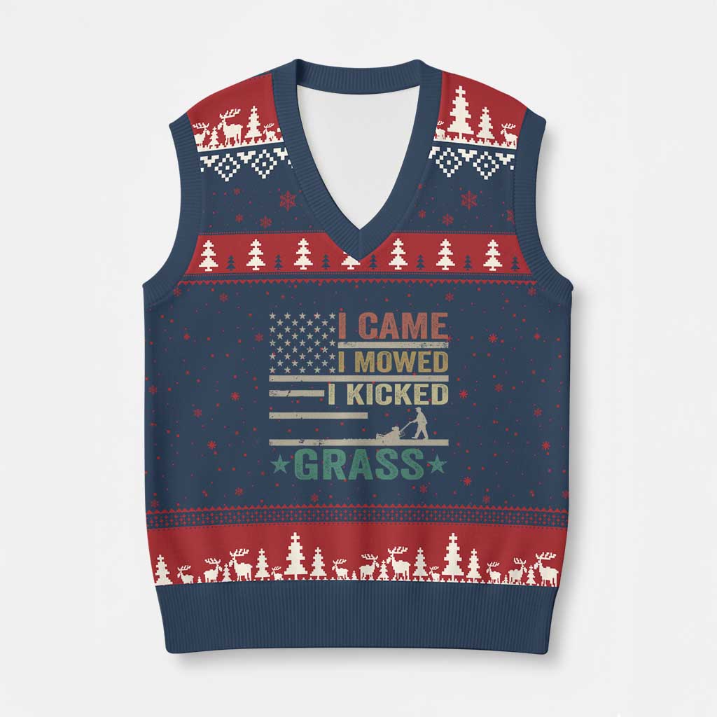 Funny I Came I Mowed I Kicked Grass V-Neck Knit Sweater Vest Lawn Mowing Gardener - Wonder Print Shop
