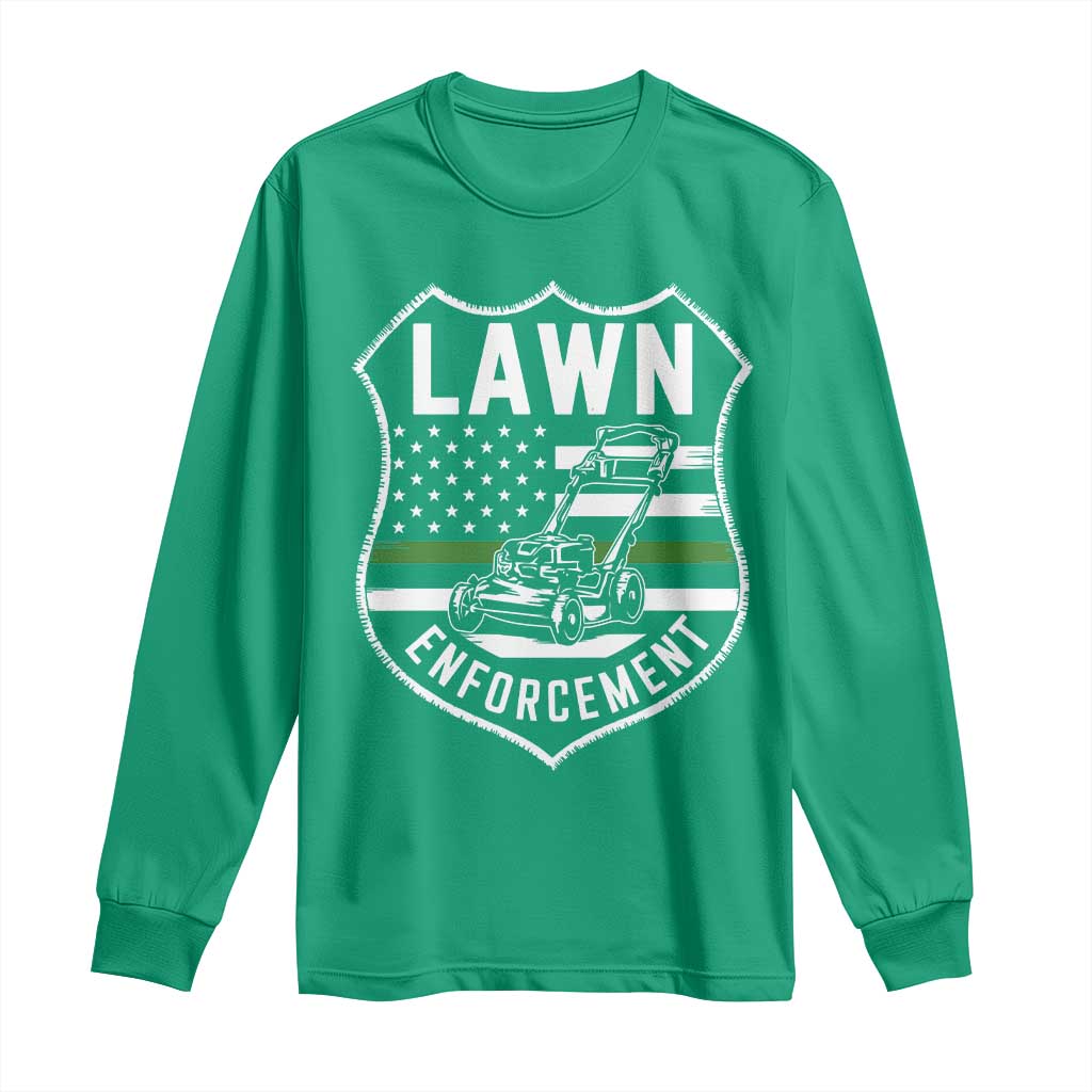Funny Lawn Enforcement Long Sleeve Shirt Gardening Lawn Mower American Flag - Wonder Print Shop