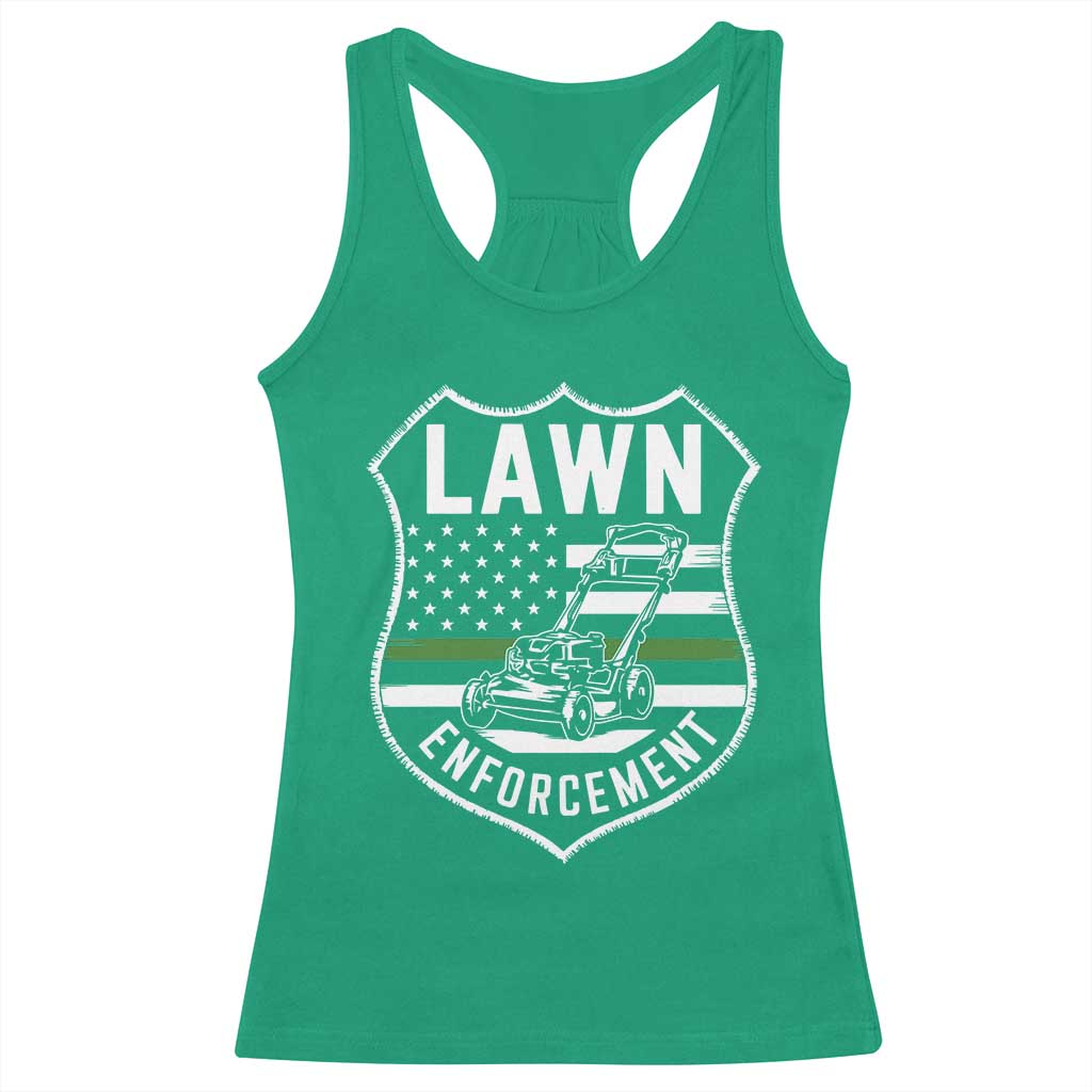 Funny Lawn Enforcement Racerback Tank Top Gardening Lawn Mower American Flag - Wonder Print Shop