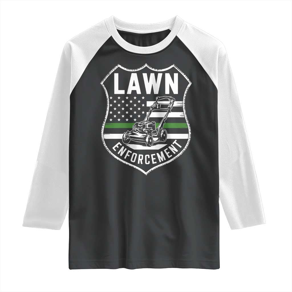 Funny Lawn Enforcement Raglan Shirt Gardening Lawn Mower American Flag - Wonder Print Shop