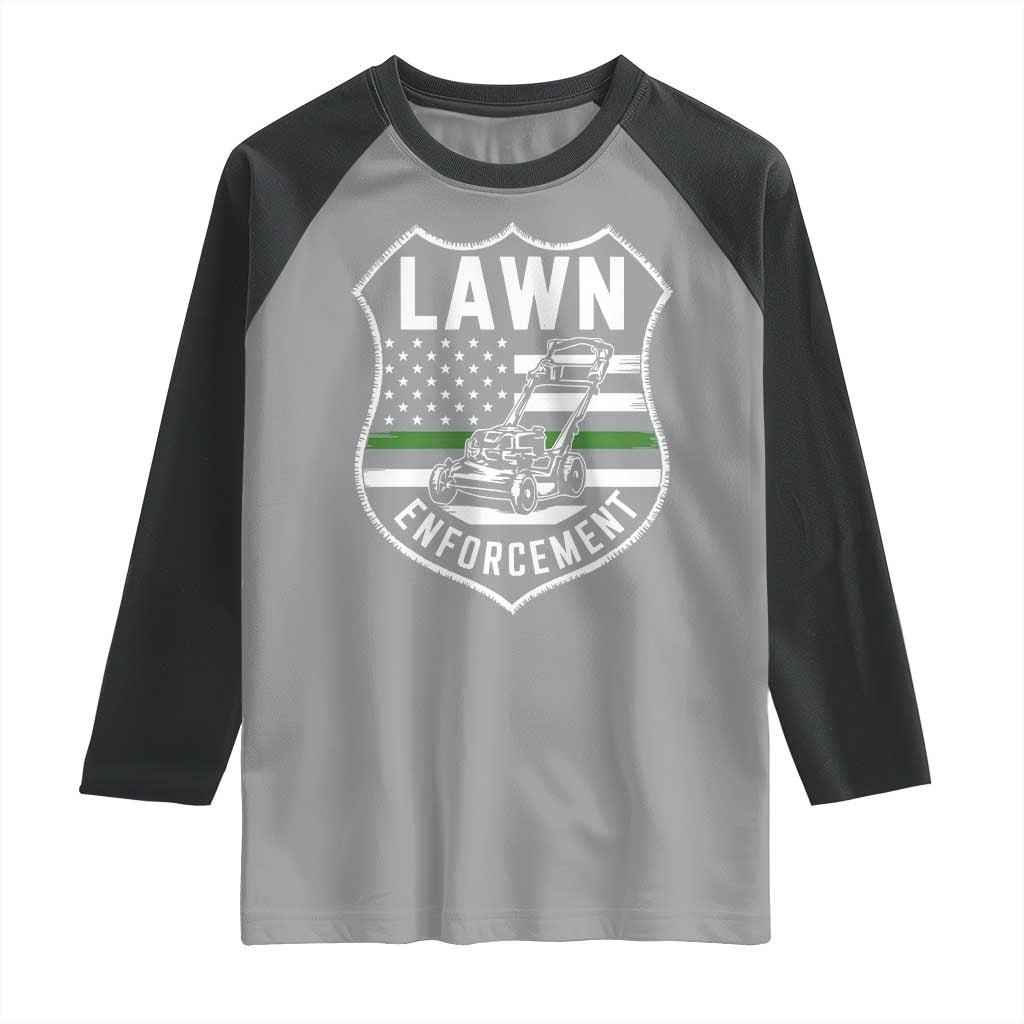 Funny Lawn Enforcement Raglan Shirt Gardening Lawn Mower American Flag - Wonder Print Shop