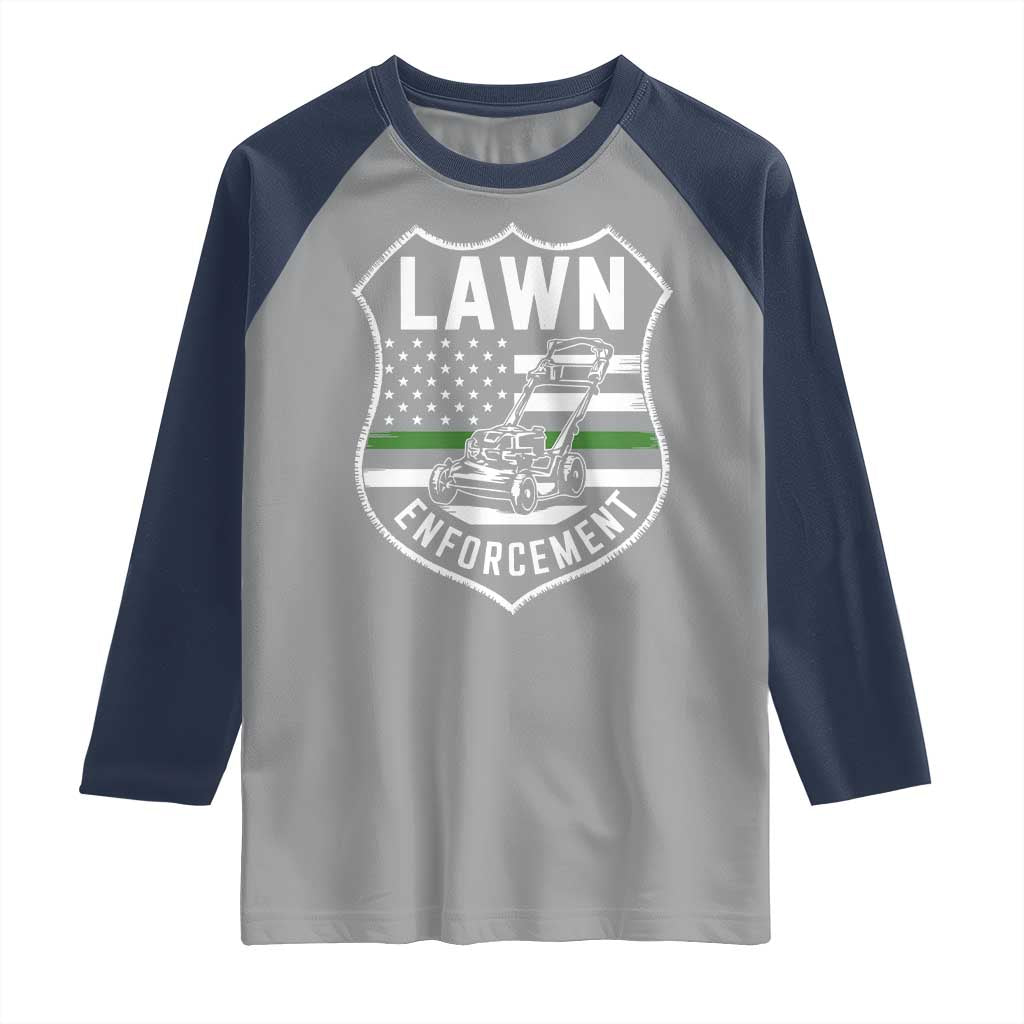 Funny Lawn Enforcement Raglan Shirt Gardening Lawn Mower American Flag - Wonder Print Shop