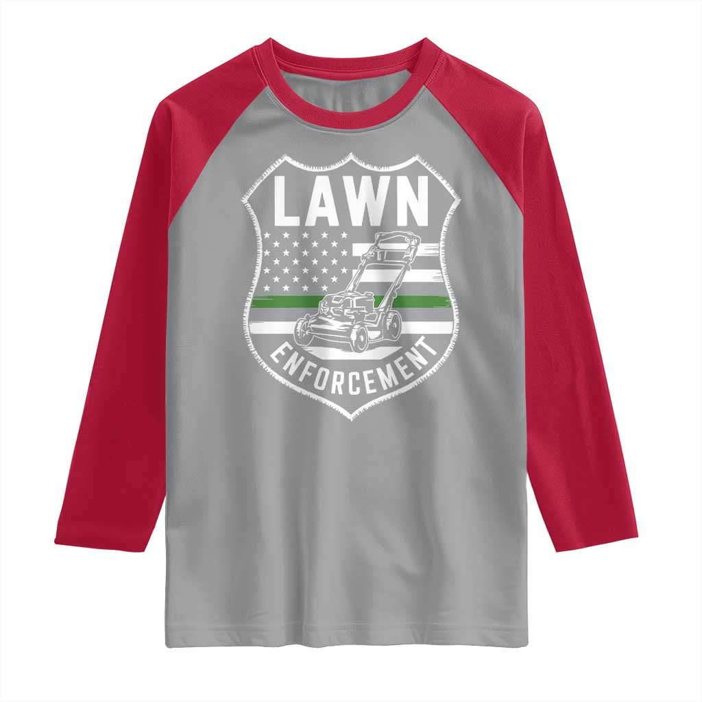Funny Lawn Enforcement Raglan Shirt Gardening Lawn Mower American Flag - Wonder Print Shop