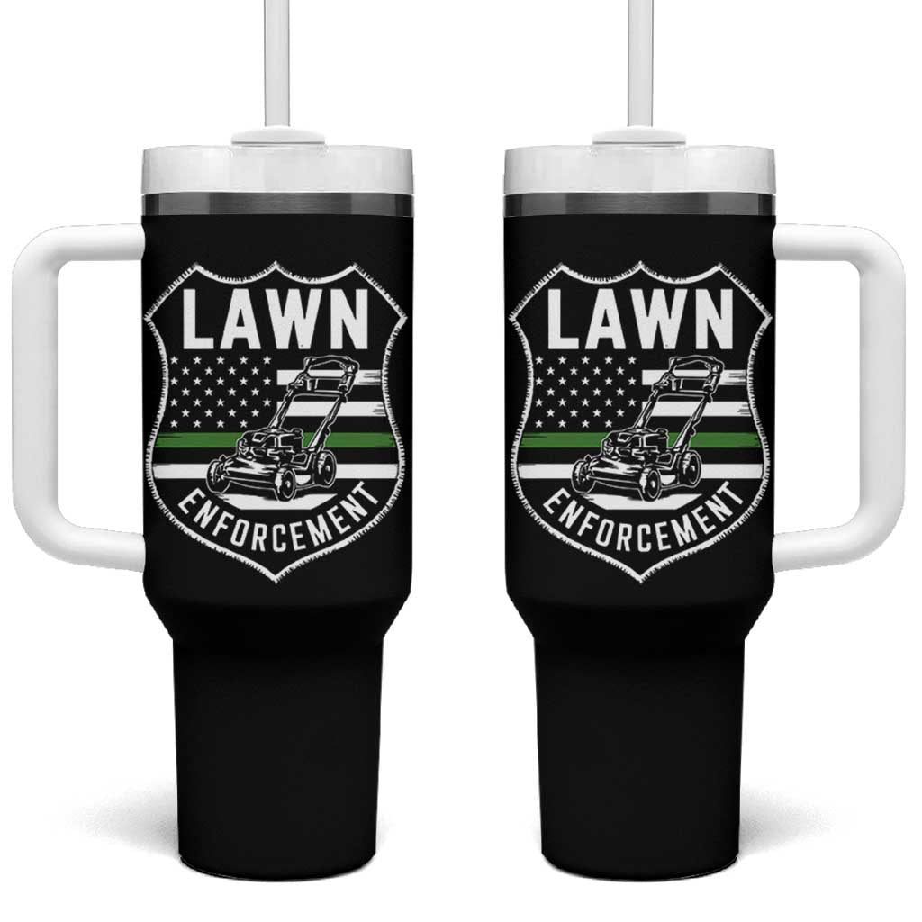 Funny Lawn Enforcement Tumbler With Handle Gardening Lawn Mower American Flag - Wonder Print Shop