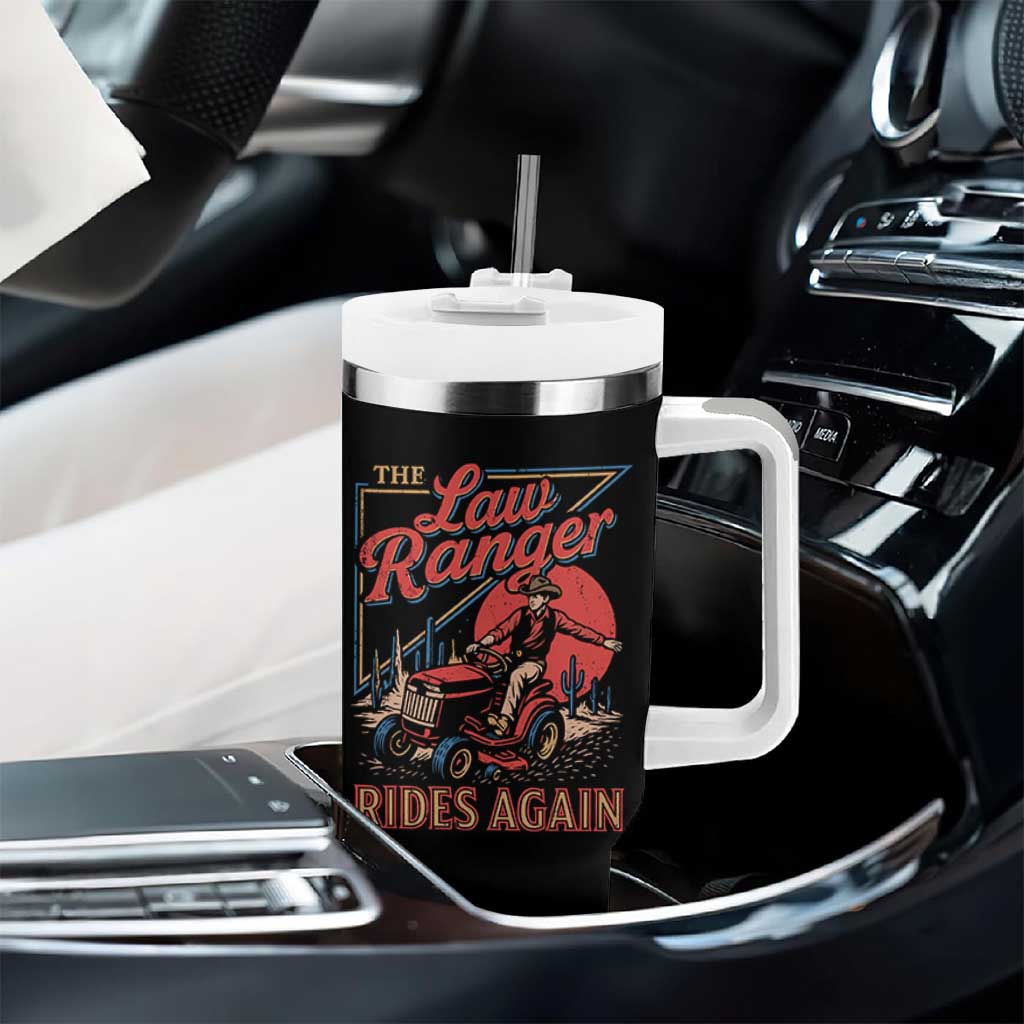 Funny The Lawn Ranger Rides Again Tumbler With Handle Lawn Tractor Mowing Cowboy - Wonder Print Shop