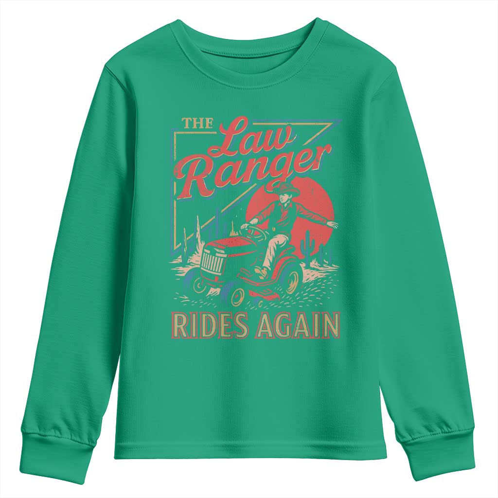 Funny The Lawn Ranger Rides Again Youth Sweatshirt Lawn Tractor Mowing Cowboy - Wonder Print Shop