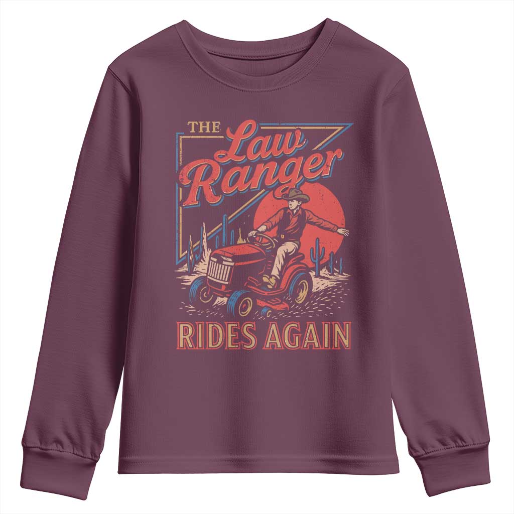 Funny The Lawn Ranger Rides Again Youth Sweatshirt Lawn Tractor Mowing Cowboy - Wonder Print Shop