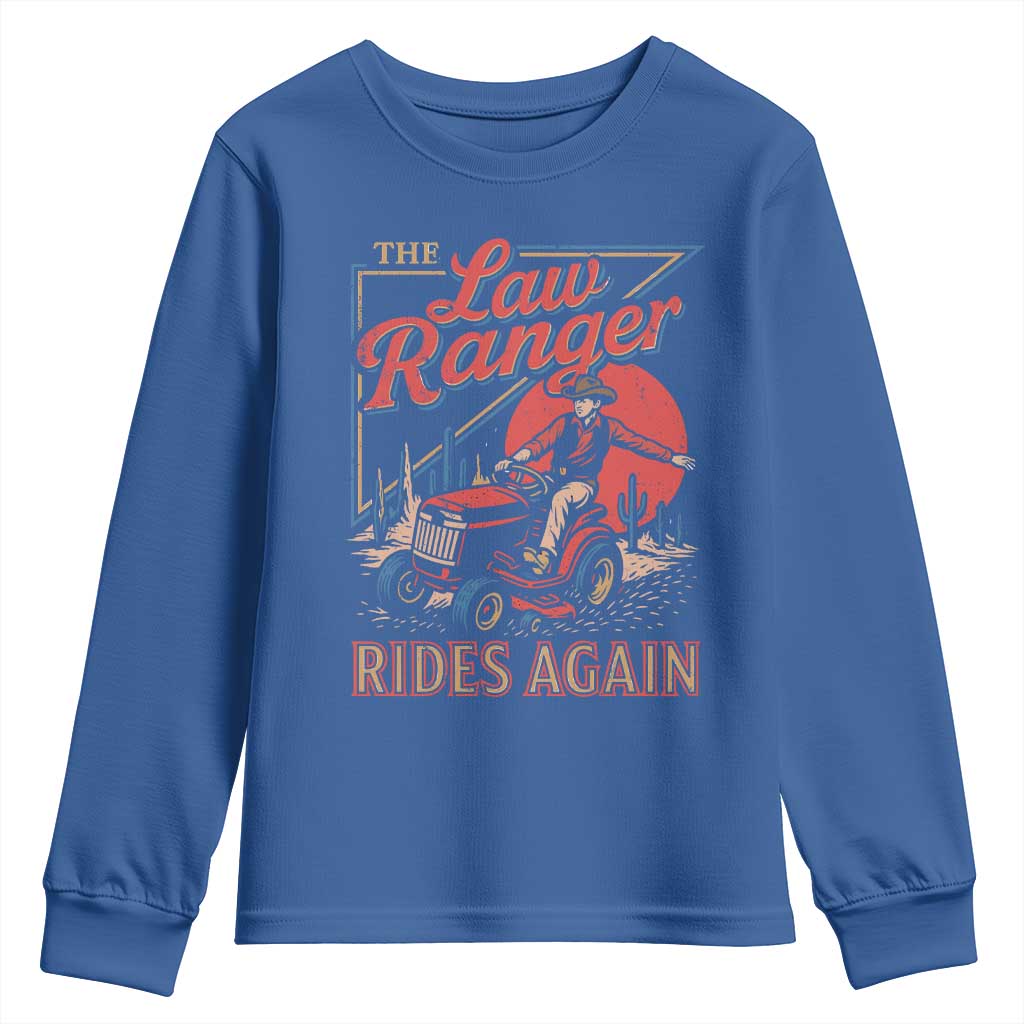 Funny The Lawn Ranger Rides Again Youth Sweatshirt Lawn Tractor Mowing Cowboy - Wonder Print Shop