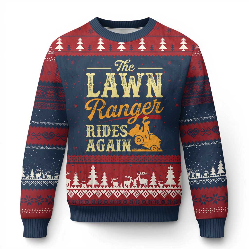Funny The Lawn Ranger Rides Again Ugly Christmas Sweater Lawn Tractor Mowing Western Cowboy - Wonder Print Shop
