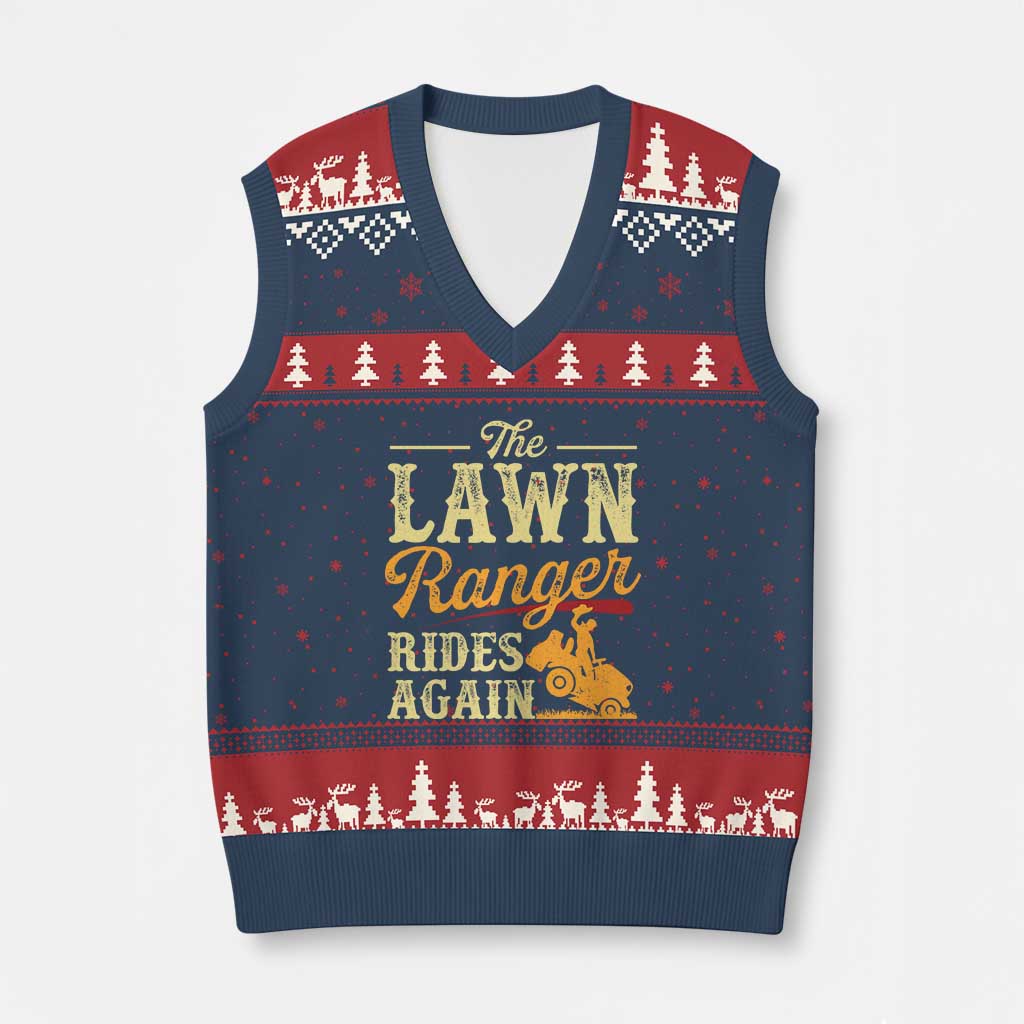 Funny The Lawn Ranger Rides Again V-Neck Knit Sweater Vest Lawn Tractor Mowing Western Cowboy - Wonder Print Shop