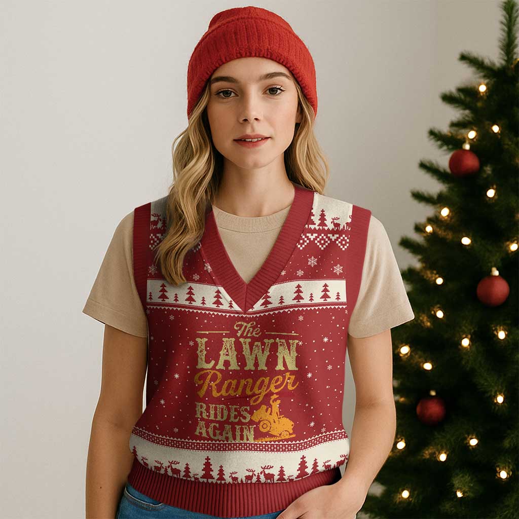 Funny The Lawn Ranger Rides Again V-Neck Knit Sweater Vest Lawn Tractor Mowing Western Cowboy - Wonder Print Shop