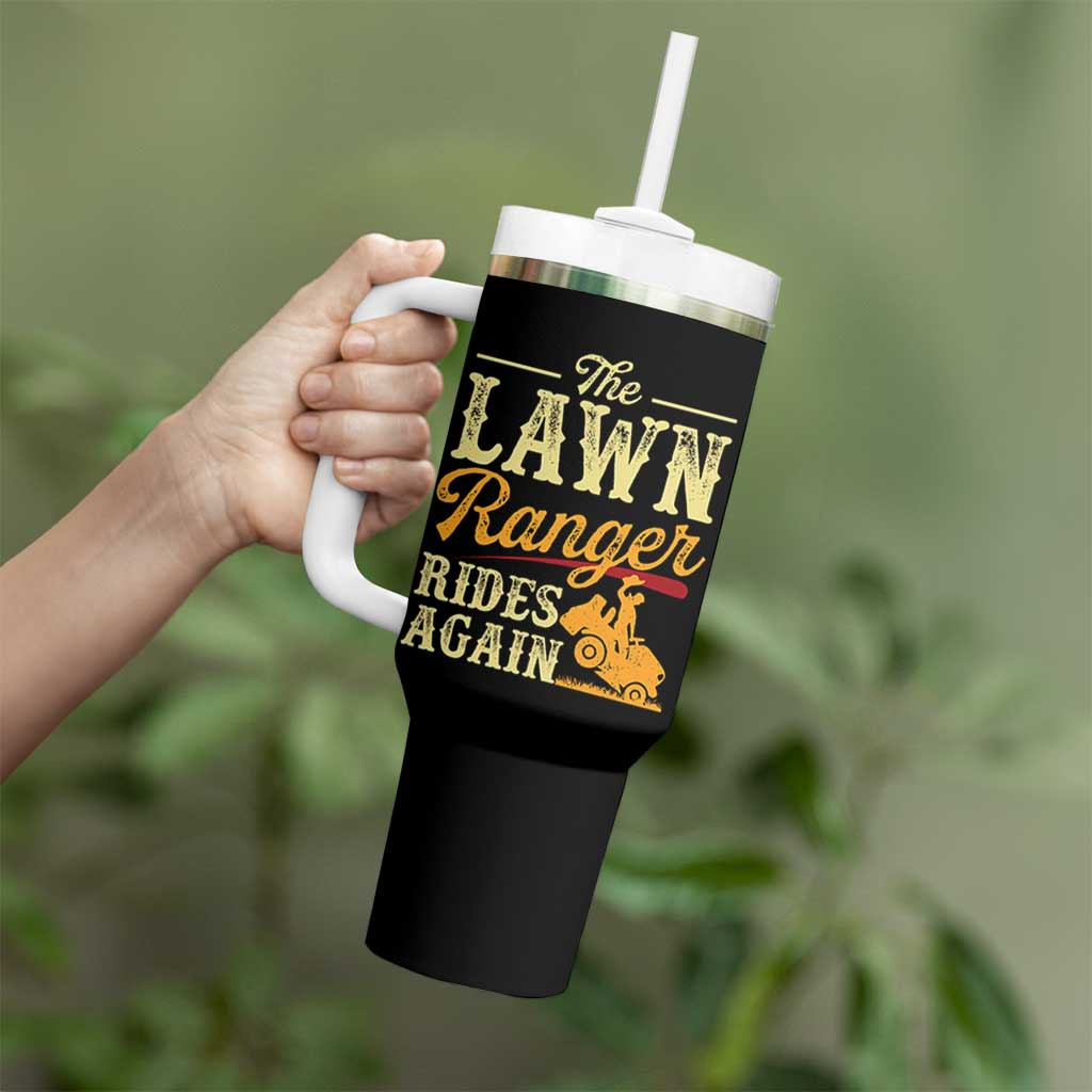 Funny The Lawn Ranger Rides Again Tumbler With Handle Lawn Tractor Mowing Western Cowboy - Wonder Print Shop