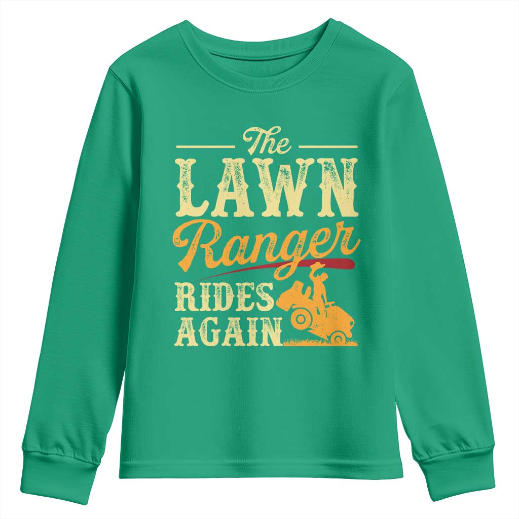 Funny The Lawn Ranger Rides Again Youth Sweatshirt Lawn Tractor Mowing Western Cowboy - Wonder Print Shop